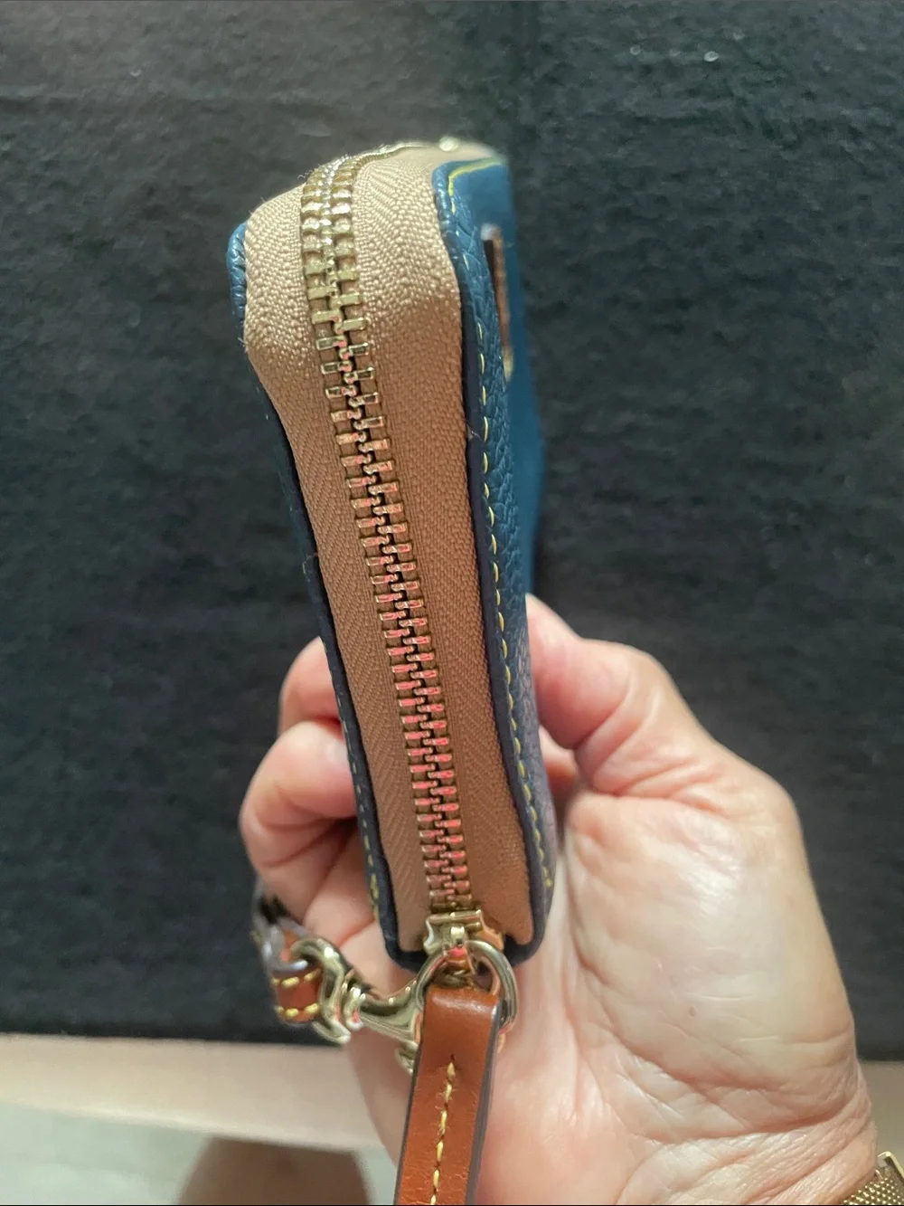 Dooney & Bourke Teal Pebbled Leather Wristlet with Brown Trim